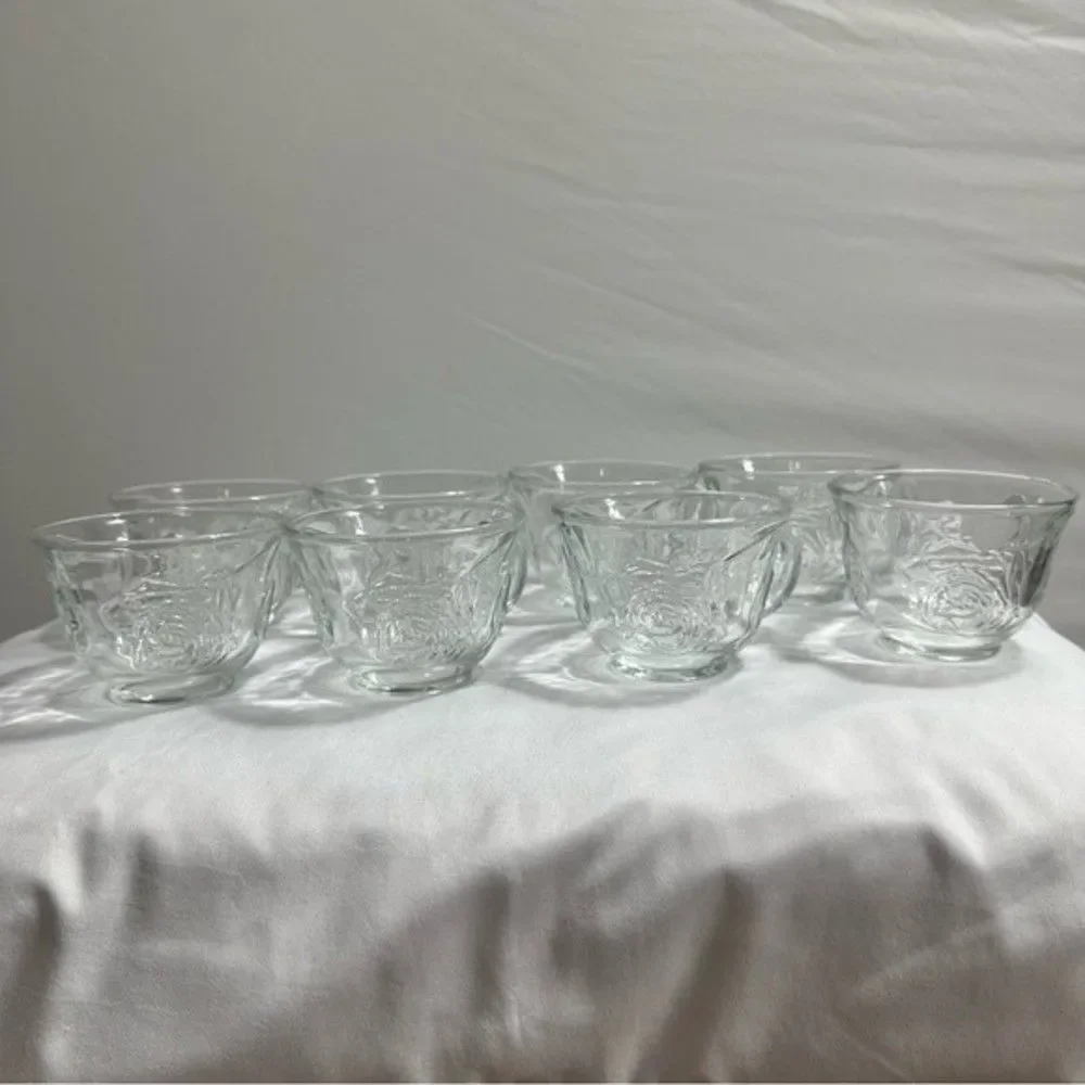 Punch Cups Vintage Clear Pressed Glass Rose Design Set of 8